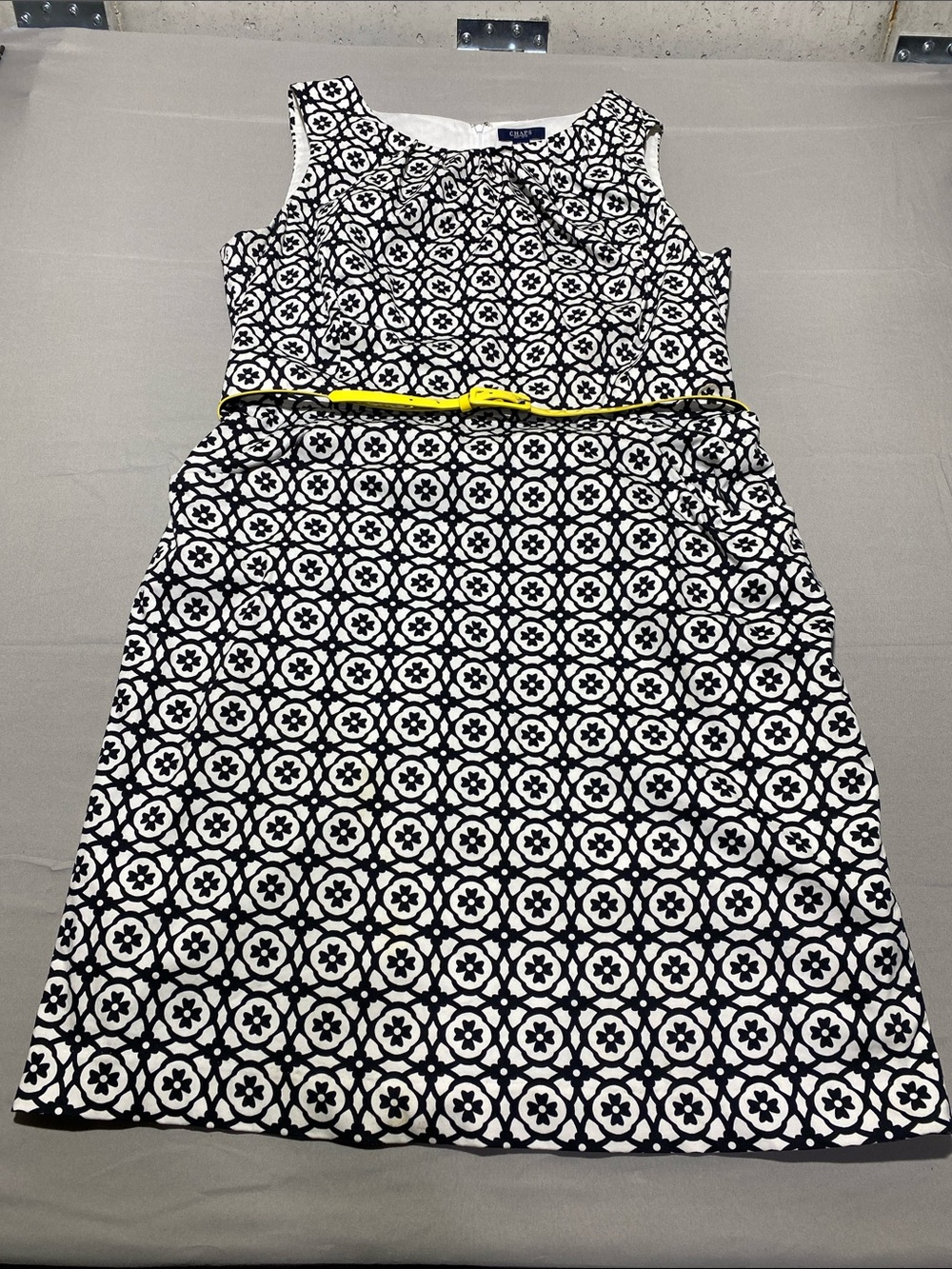 Chaps Black and White Geometric Print Dress/yellow belt
